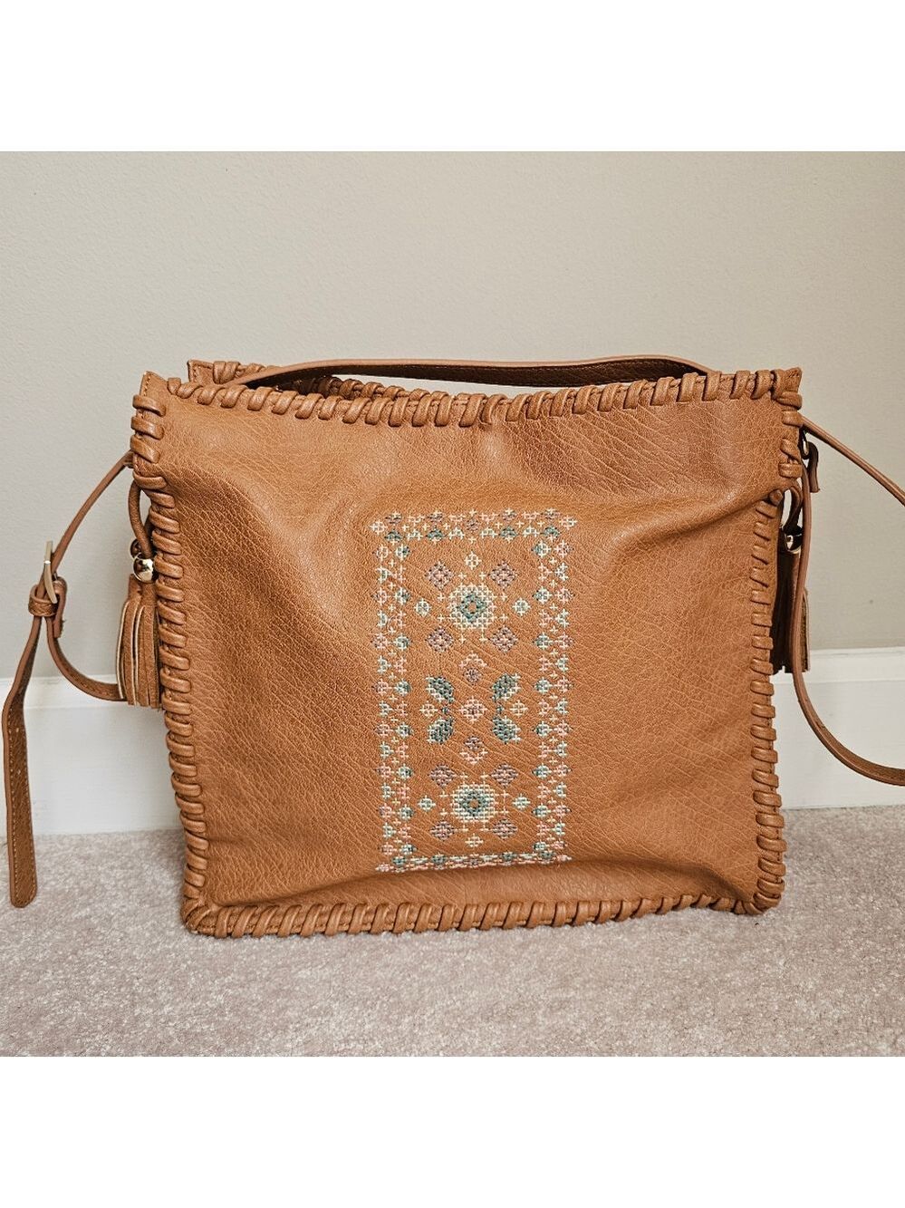 Big Buddha Tan Whipstitch Crossbody Bag Boho